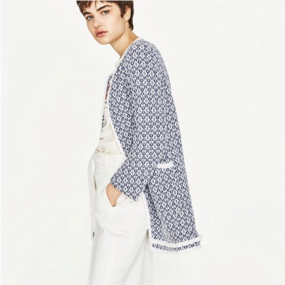 Zara Ecru Blue Frayed Printed Tweed Jacket